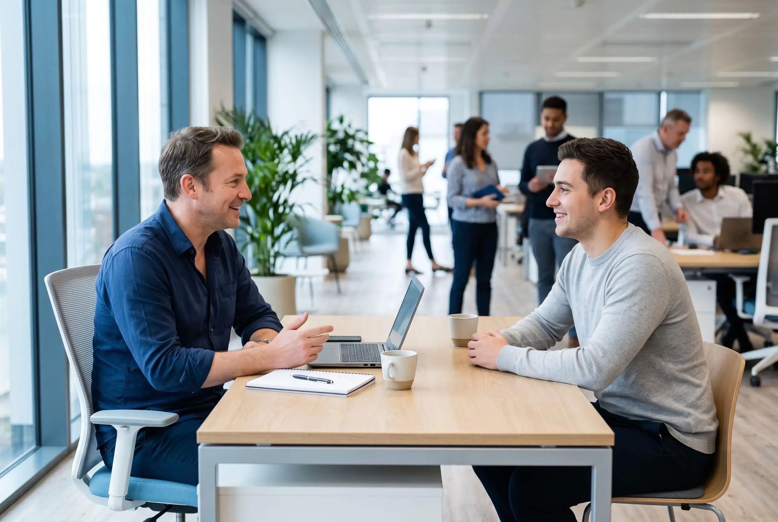 A manager onboarding a new team member during a friendly one-to-one in a bright, modern office.